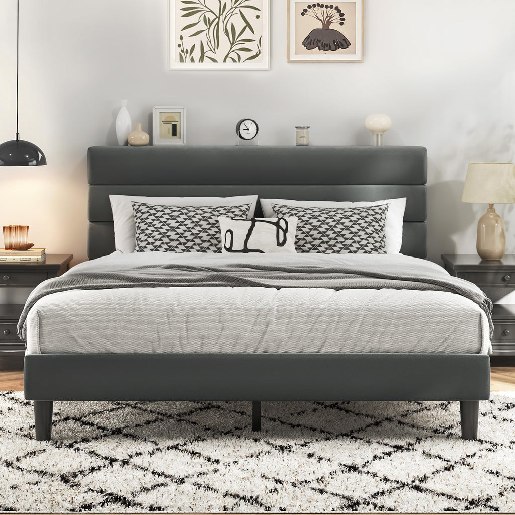 Fluest Queen Bed Frame, Platform Bed Frame with Velvet Upholstered Headboard, No Box Spring Needed, Sturdy Metal Support, Noise Free, Easy Assembly, Modern Bedroom Furniture, Beige