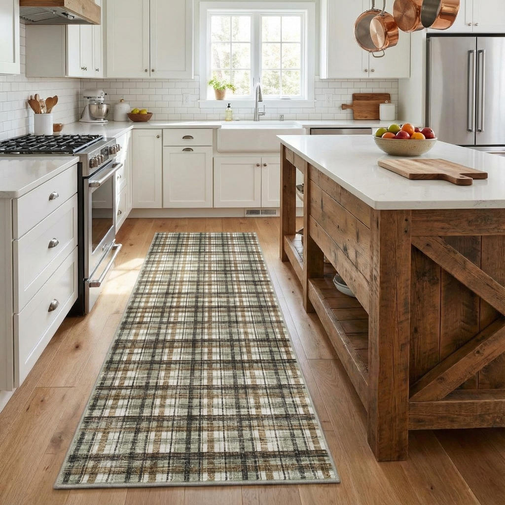 Modern Washable 8x10 Area Rug - Soft, Non-Slip, Stain Resistant, Farmhouse Tartan Plaid for Living Room, Bedroom, Nursery, Office - Beige