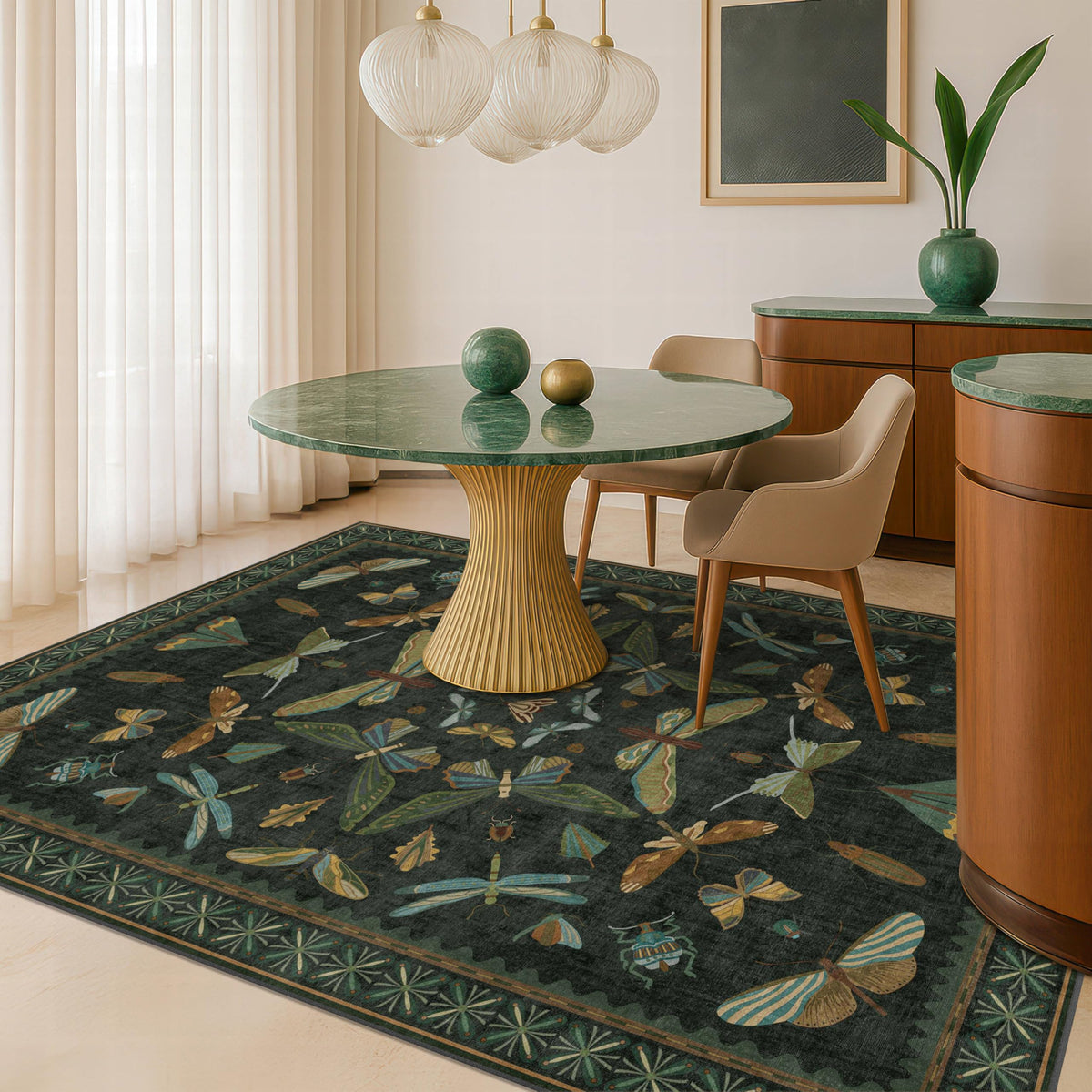 Hazo Haus Dark Green Insect Area Rugs 8x10 for Living Room, Dining Room Under Table, Bedroom, Unique Washable Floral Non Slip Low Pile Soft Rug