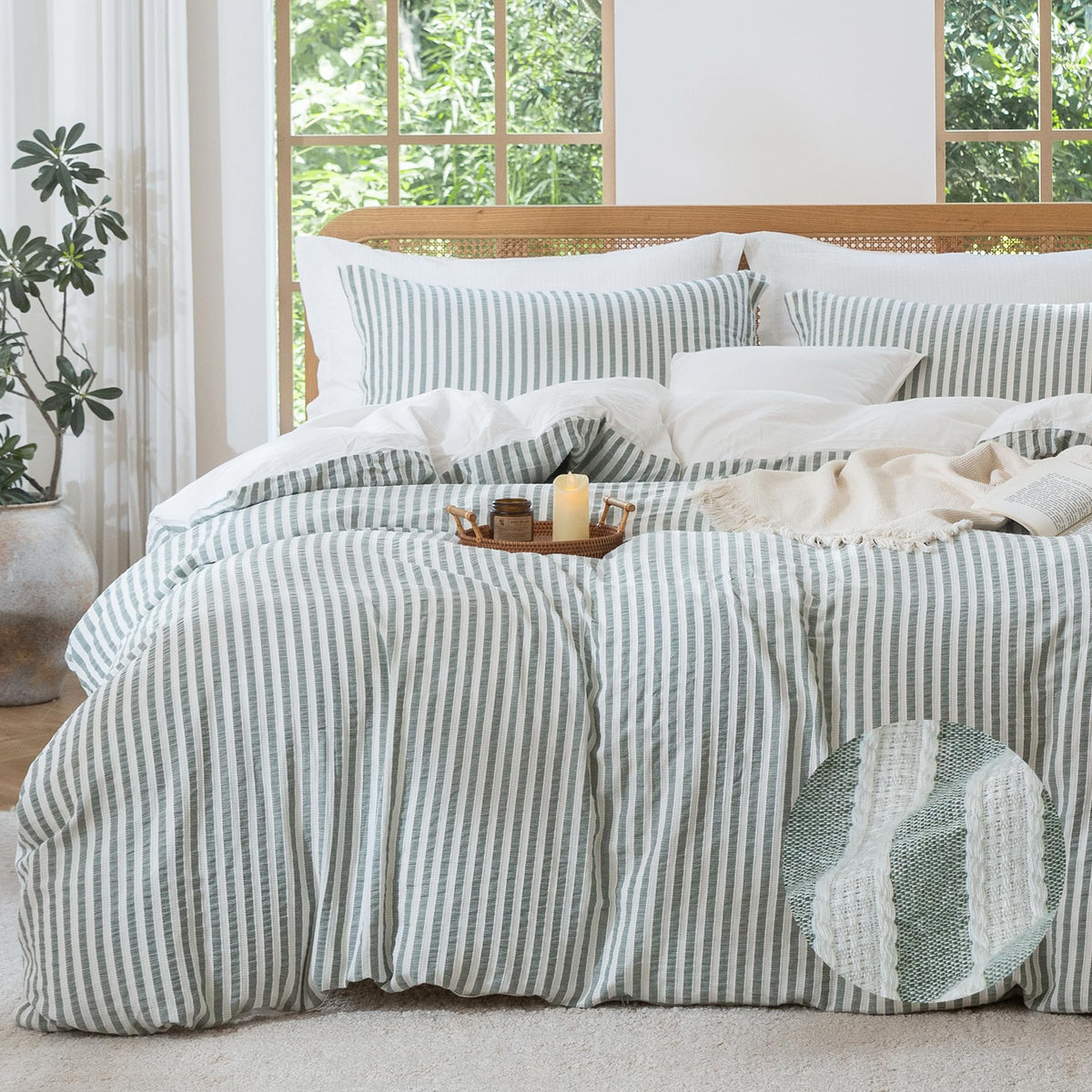 MILDLY Jacquard Striped Duvet Cover Set 3pcs Dual Zipper Pink Queen