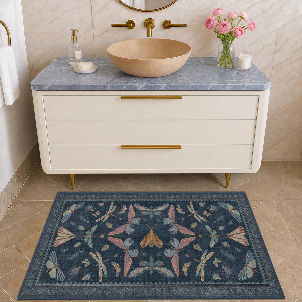 Hazo Haus Dark Green Insect Area Rugs 8x10 for Living Room, Dining Room Under Table, Bedroom, Unique Washable Floral Non Slip Low Pile Soft Rug