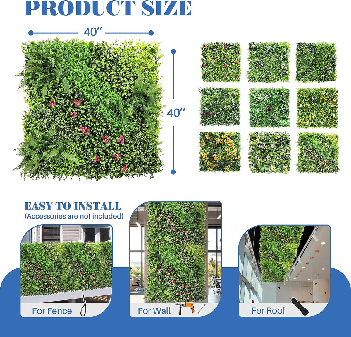 ECOOPTS 40"x40" Faux Ivy Privacy Fence Screen Artificial Boxwood Panels Topiary Hedge Plants for Indoor Outdoor Decoration, 9 Mixed Leave, 3 Packs