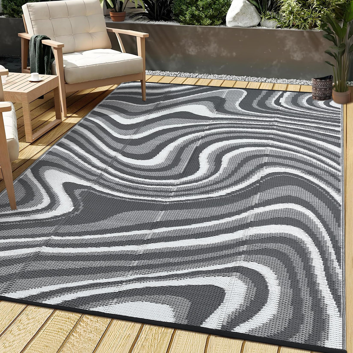 Garvee 5x8 Outdoor Rug Waterproof Modern Plastic Straw Rugs, Black Grey