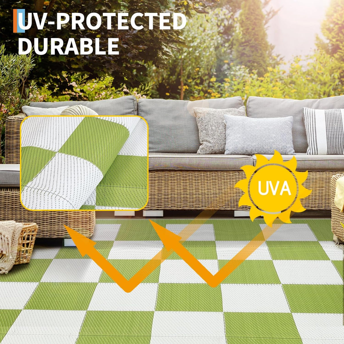 9 * 18ft Checkerboard Outdoor Rug, Reversible Woven Plastic Straw Patio Mat, Portable Floor Mat, Checkered Camping Carpet with Corner Loops for RV, Deck, Picnic, Balcony, Green & White