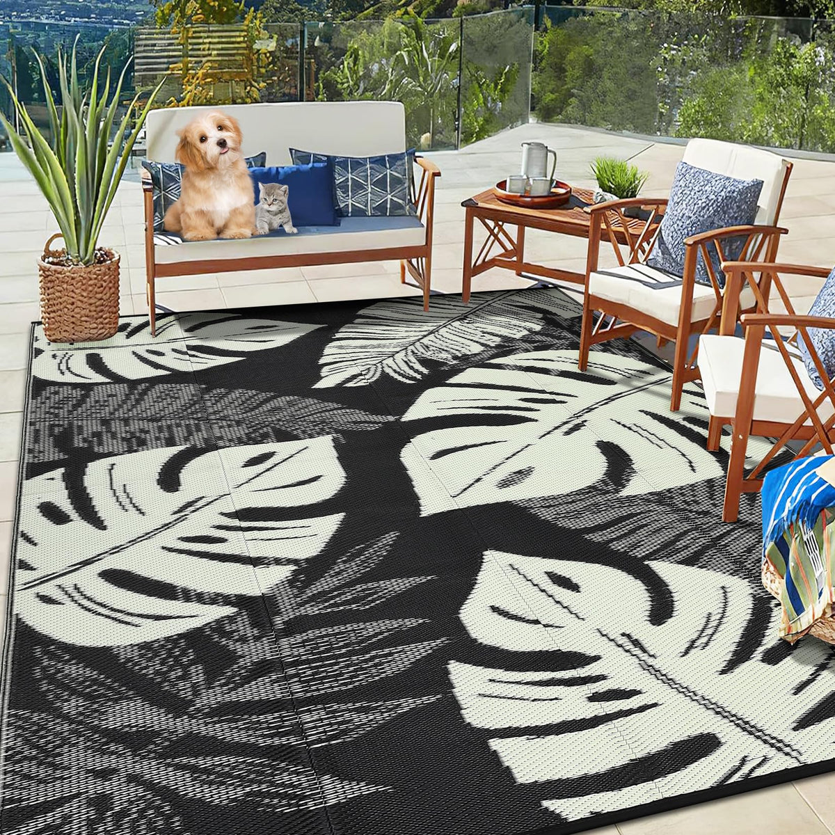 Outdoor Rugs 9x18 Reversible Mats Outdoor Plastic Straw Rug Waterproof Patio Rug Vintage Reversible Mats for Rv Deck Balcony Picnic, Beach, Trailer, Camping, Vintage|Light Blue