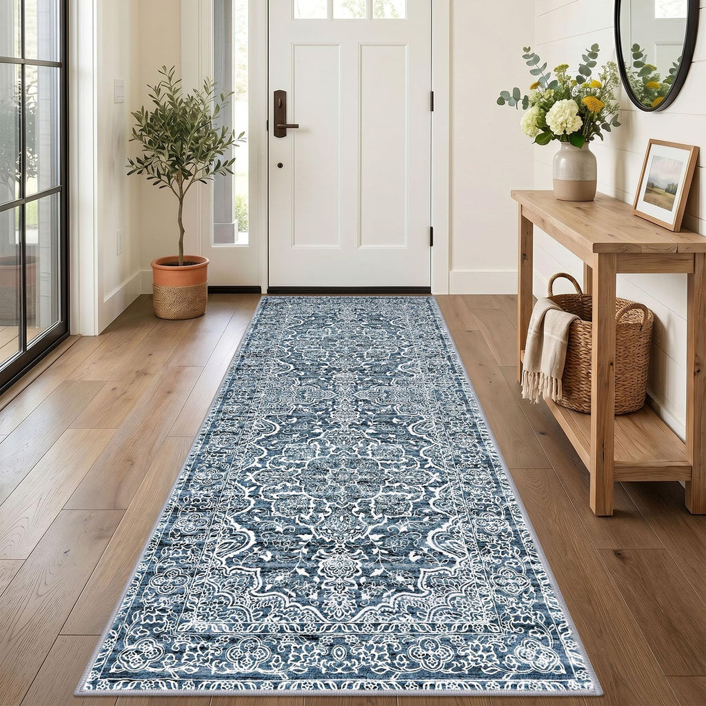 KUTA Vintage Extra Long Runners for Hallways 2.6x18ft Washable Blue White