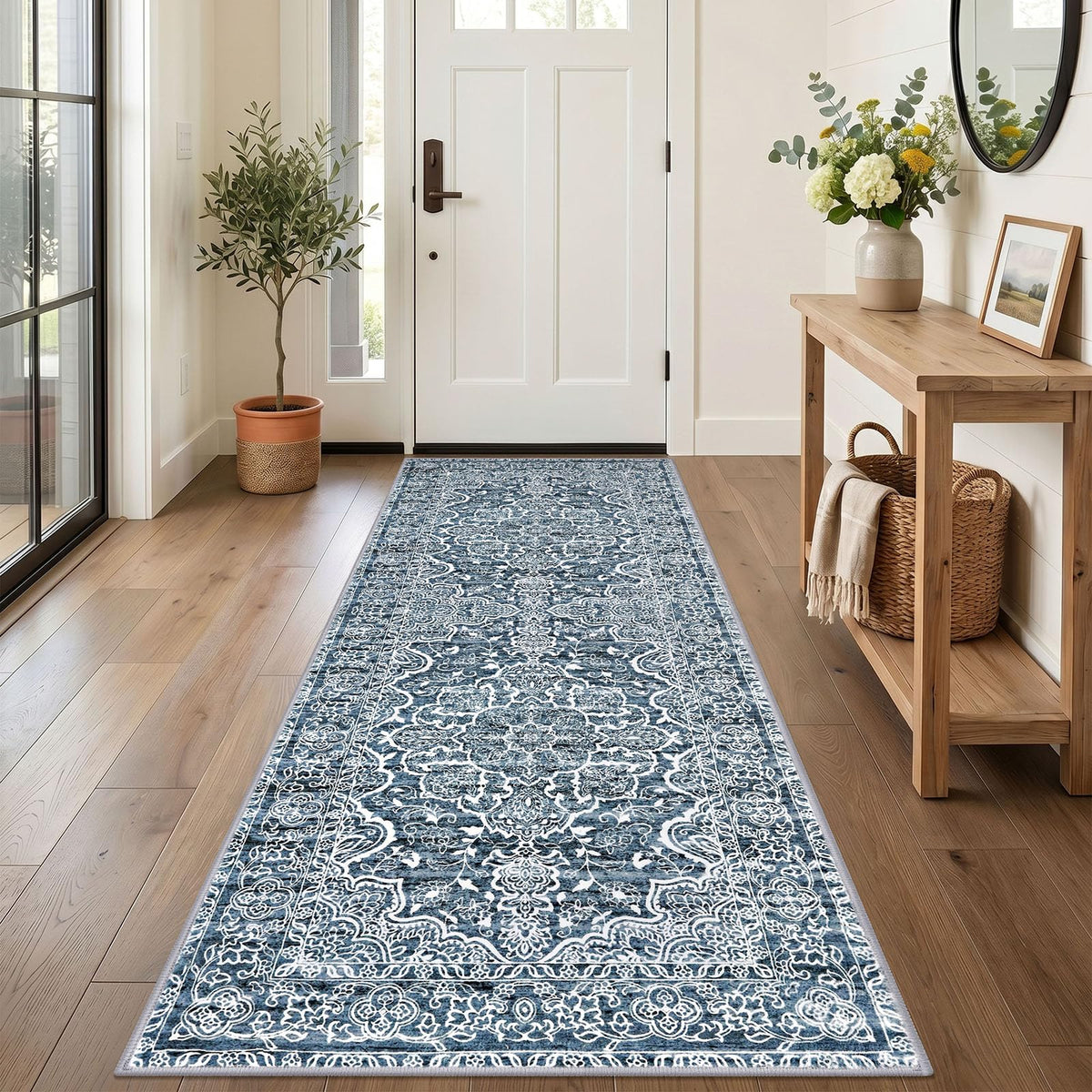 KUTA Vintage Extra Long Runners for Hallways 2.6x18ft Washable Blue White