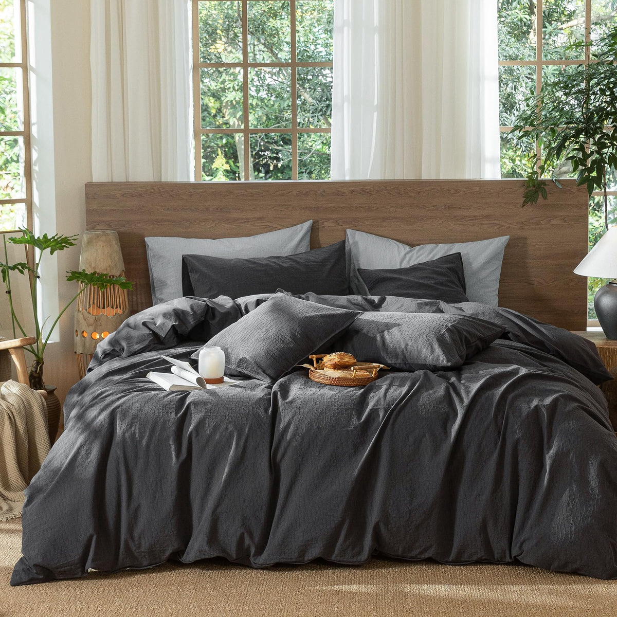 MooMee Striped Duvet Cover Set 100% Washed Cotton Linen Like Queen