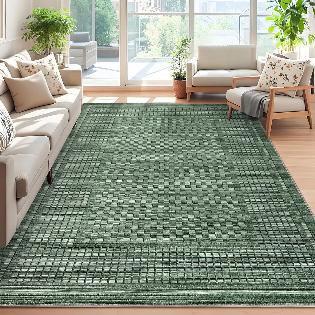 Modern Washable 8x10 Area Rug - Soft, Non-Slip, Stain Resistant, Farmhouse Tartan Plaid for Living Room, Bedroom, Nursery, Office - Beige
