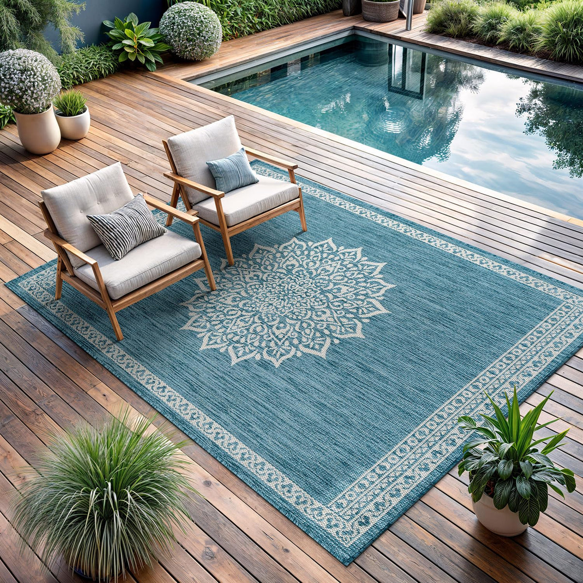 CAMILSON Outdoor Rug 6x9, Modern Outside Rugs for Patios Porches Waterproof Durable Washable Non-Shedding, Easy-to-Clean Indoor Outdoor Area Carpet (6 x 9, Bordered - Blue/White)