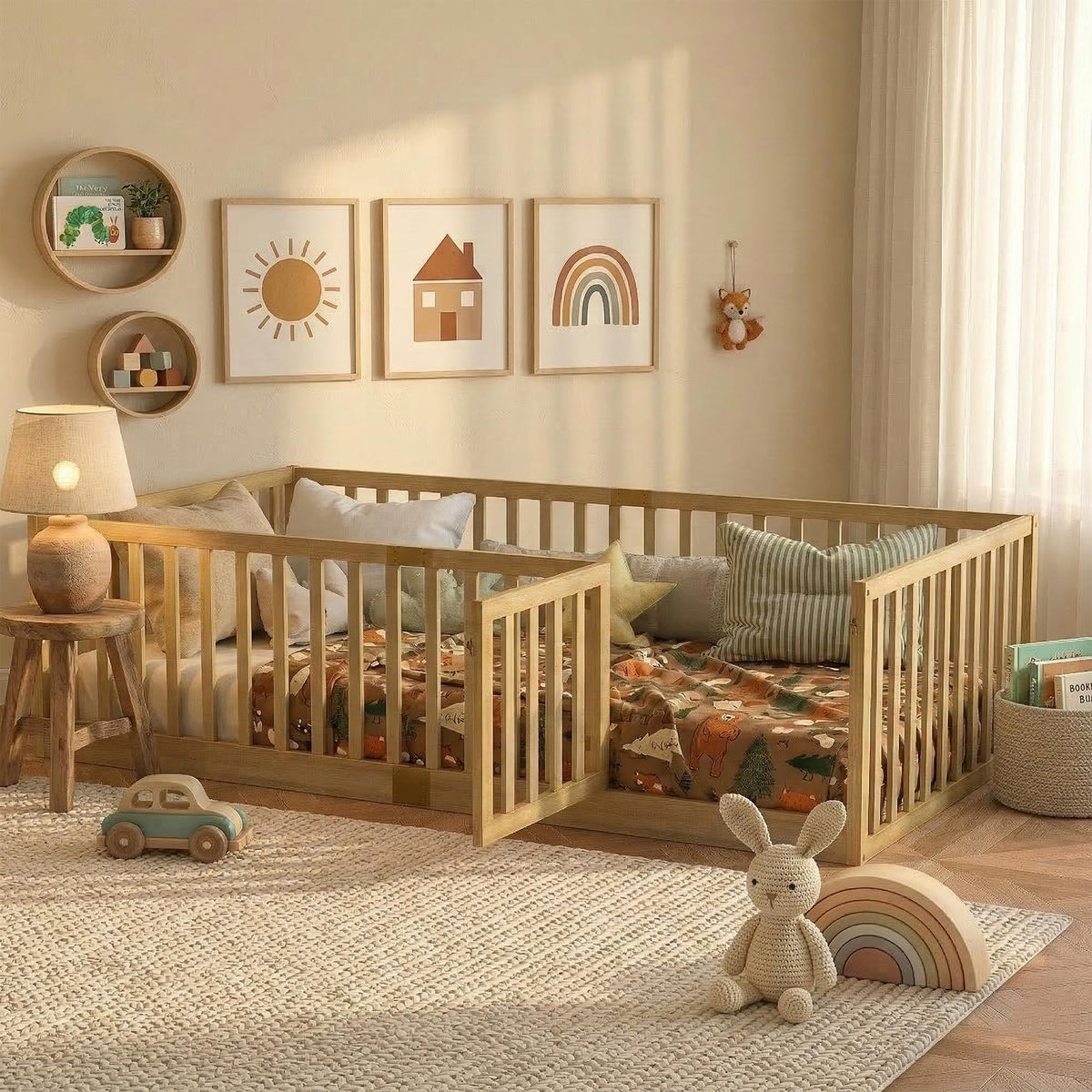 Full Montessori Floor Bed with High Rails, Door & Slats for Kids, Natural