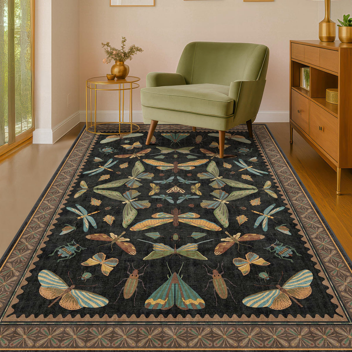 Hazo Haus Dark Green Insect Area Rugs 8x10 for Living Room, Dining Room Under Table, Bedroom, Unique Washable Floral Non Slip Low Pile Soft Rug