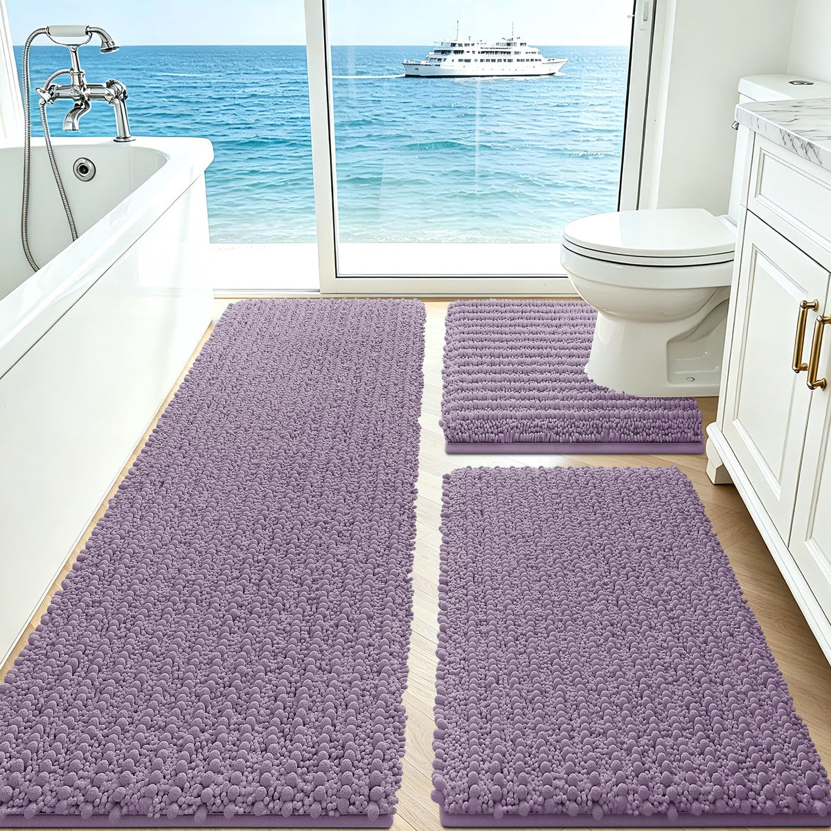ACCUMTEK Upgrade Extra Large Black Bathroom Rug Set 3 Pieces Ultra Soft, Thick Absorbent Bath Mats, Non Slip Chenille Toilet Mat for Bathroom, Bedroom, Kitchen