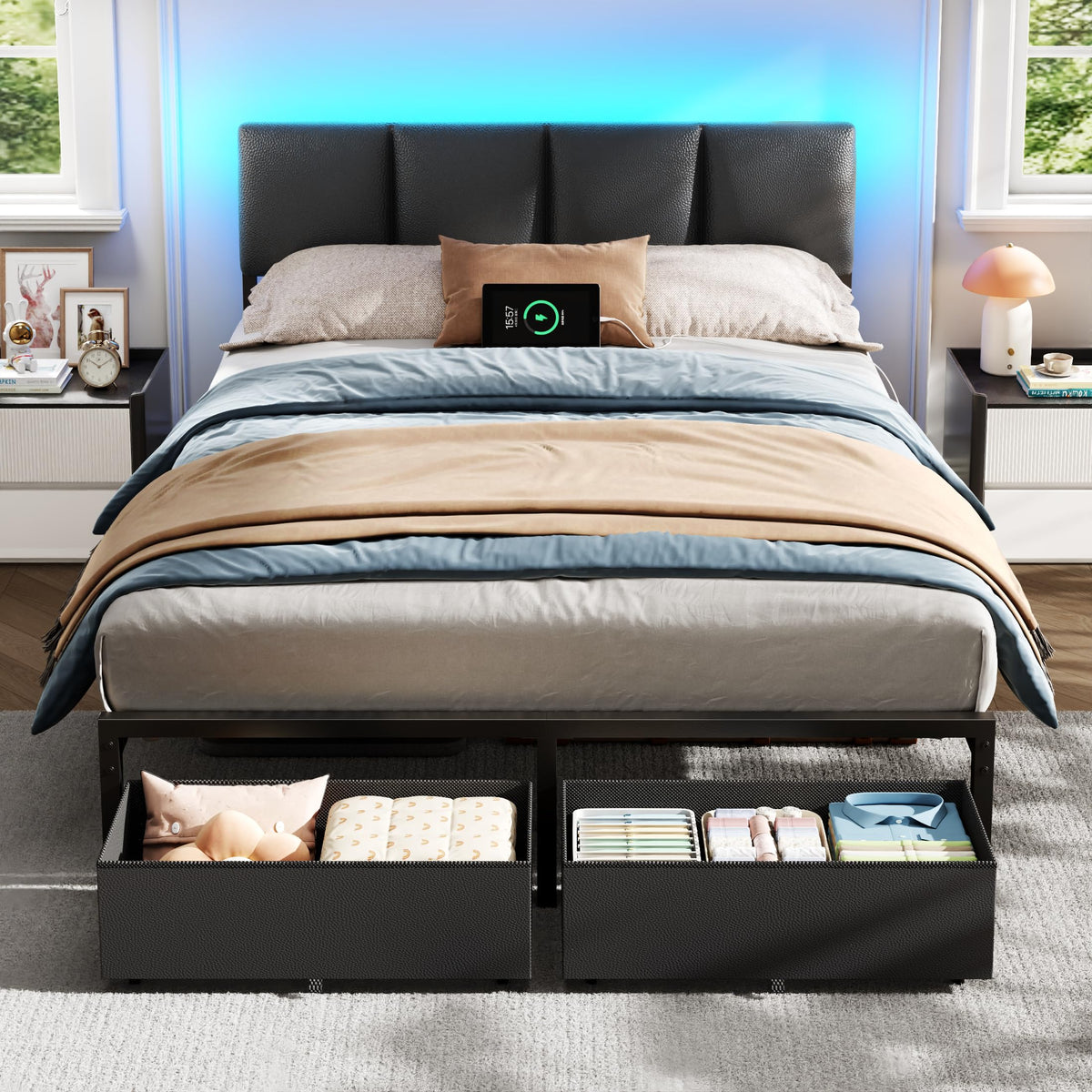 Furnulem Full Size Bed Frame with Upholstered Headboard & 2 Storage Drawers