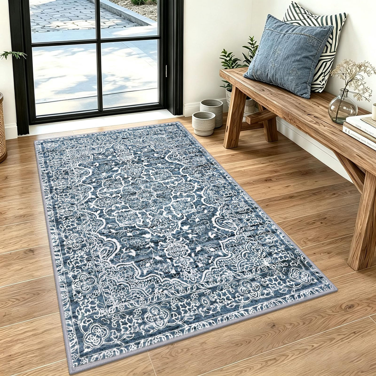 KUTA Vintage Extra Long Runners for Hallways 2.6x18ft Washable Blue White