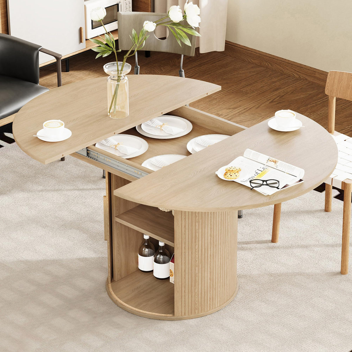 41 in-78 in Extendable Dining Room Table for 4-8, Round Expandable Kitchen Table with Fluted Base, Modern Farmhouse Oval Dinner Tables for Dining Room Kitchen Living Room (Walnut)