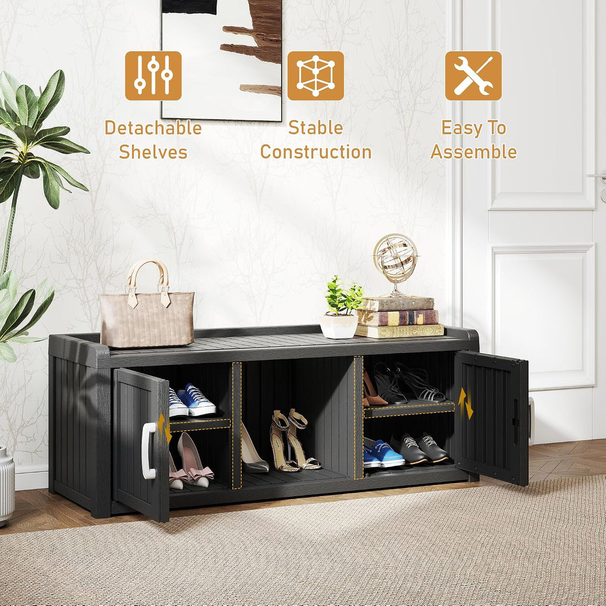2-Tier Storage Bench, Waterproof UV-Resistant Outdoor Shoe Storage Cabinet with 2 Doors & Adjustable Shelves for Indoor Outdoor Entryway, Hallway, Living Room(Black)