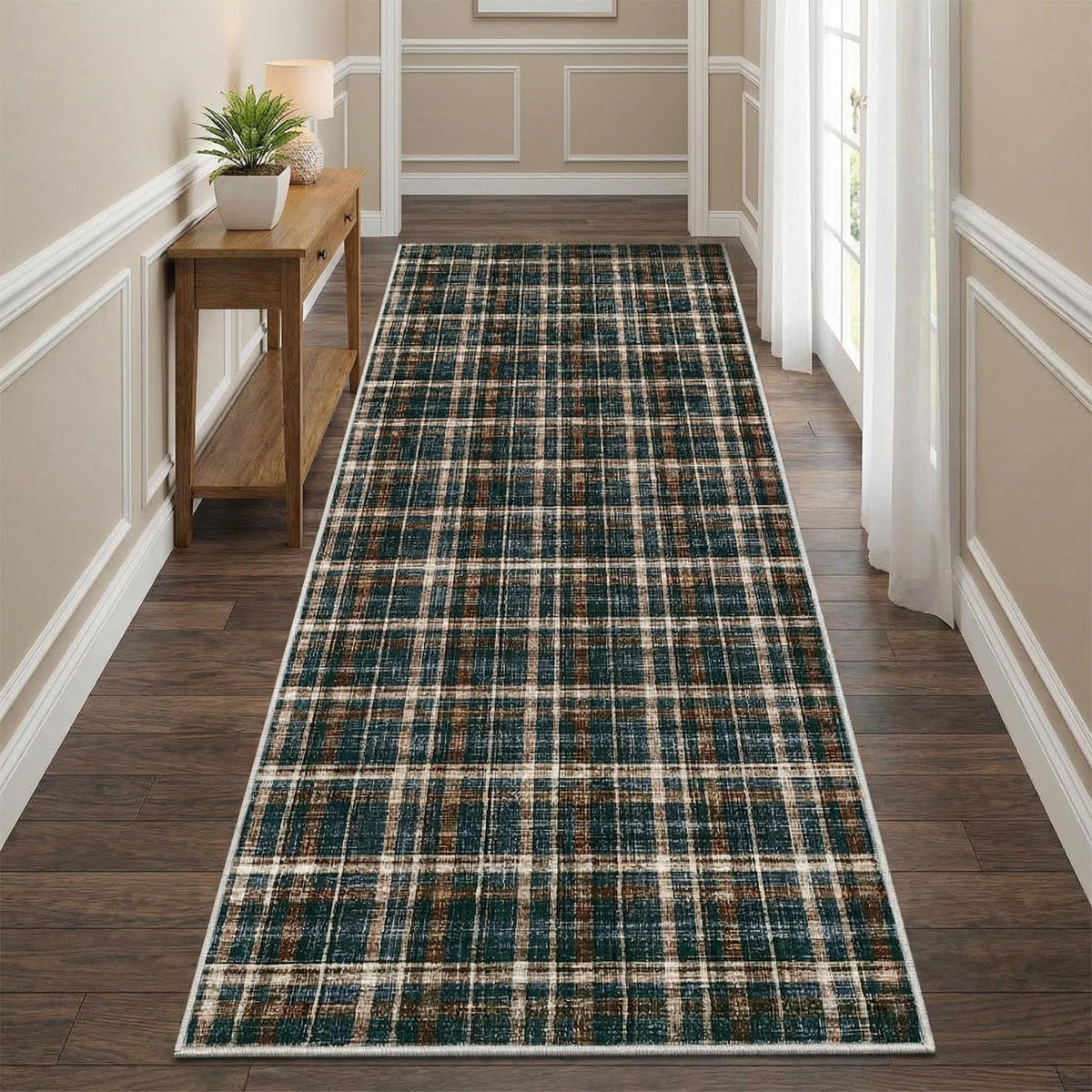 Modern Washable 8x10 Area Rug - Soft, Non-Slip, Stain Resistant, Farmhouse Tartan Plaid for Living Room, Bedroom, Nursery, Office - Beige