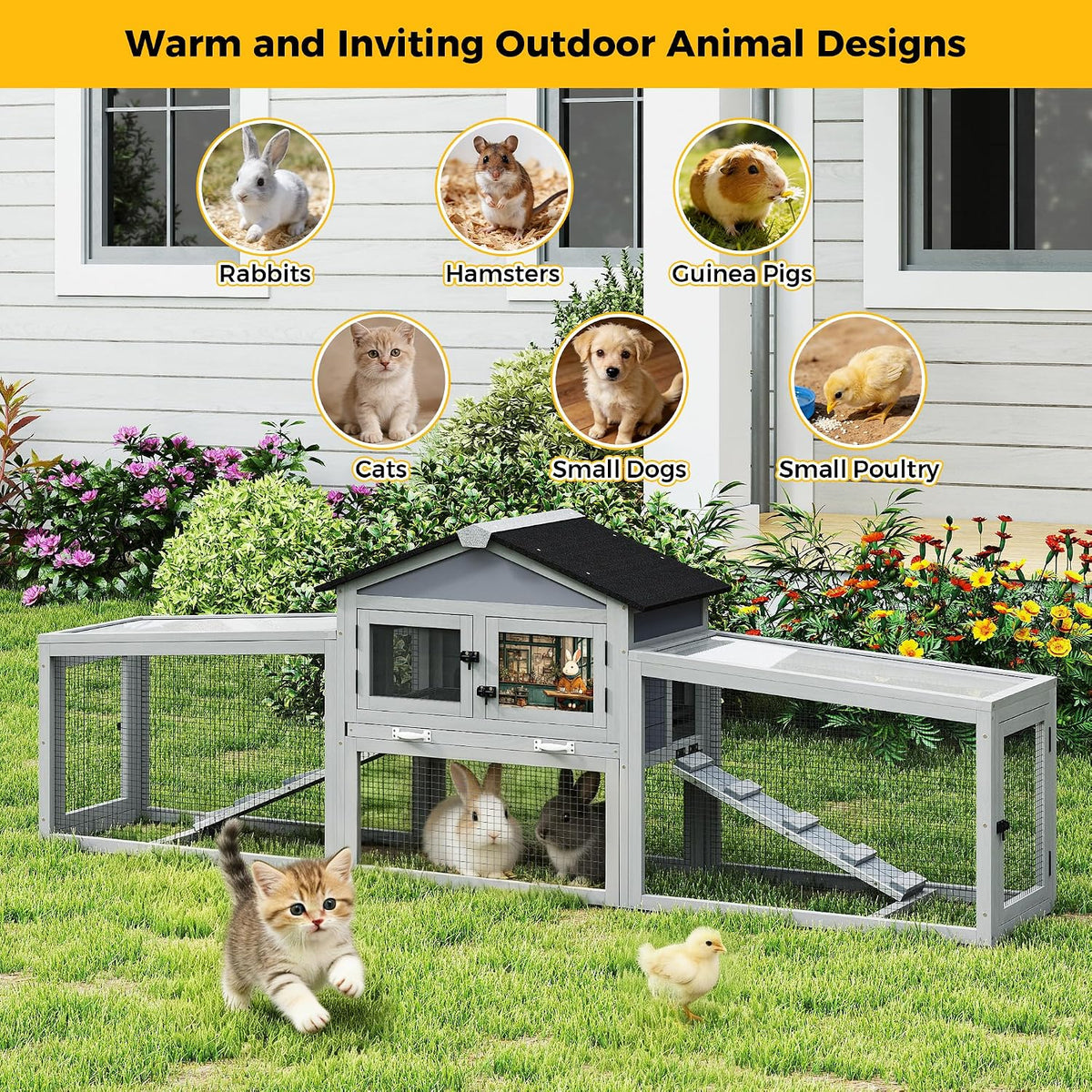 COZIWOW 92in Rabbit Hutch, 2-Tier Bunny Cage with Asphalt Roof & 3 Run Boxe