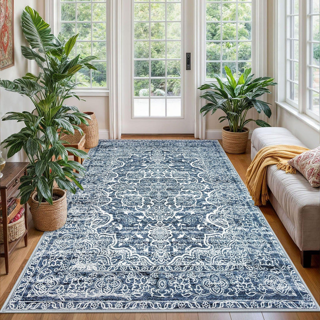 KUTA Vintage Extra Long Runners for Hallways 2.6x18ft Washable Blue White