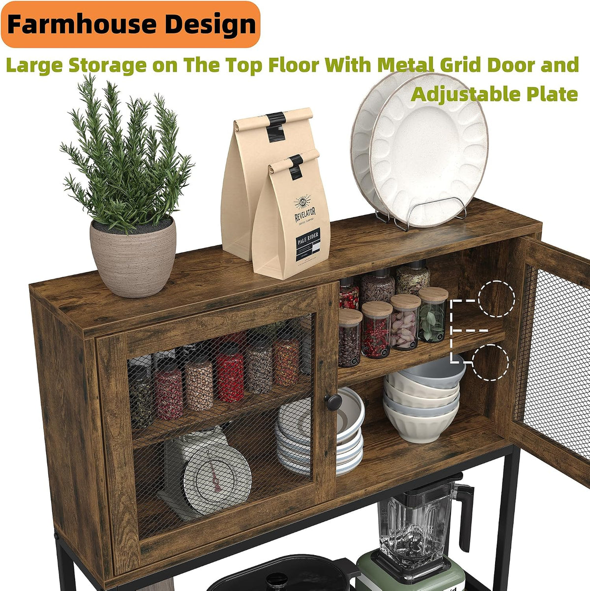 Furniouse 6-Tier Kitchen Bakers Rack with Power Outlet, Industrial Microwave Oven Stand with Shelves, Dust Prove Door, Standing Storage Rack (Rustic Brown)