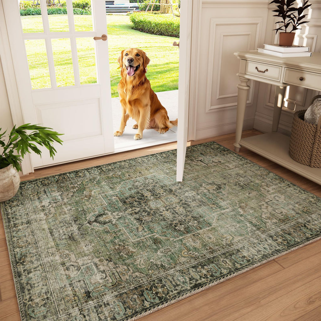 Washable Area Rugs for Living Room: 9x12 Bedroom Rug Boho Vintage Area Rug Stain Resistant Non Slip Low Pile Lightweight Soft Carpets for Dining Room Kitchen Nursery Kids Room Playroom Home Office