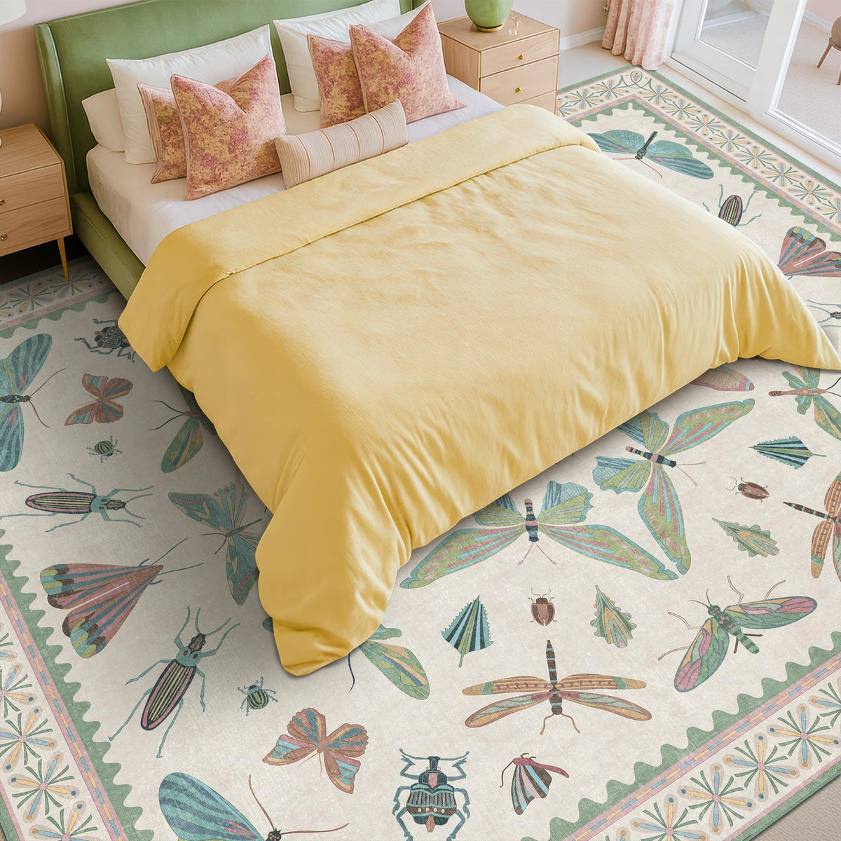 Hazo Haus Dark Green Insect Area Rugs 8x10 for Living Room, Dining Room Under Table, Bedroom, Unique Washable Floral Non Slip Low Pile Soft Rug