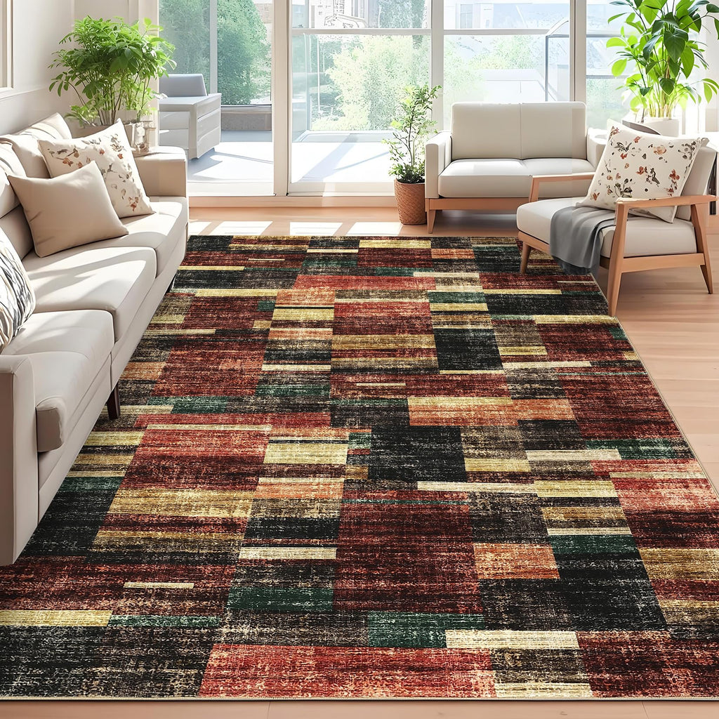 Modern Washable 8x10 Area Rug - Soft, Non-Slip, Stain Resistant, Farmhouse Tartan Plaid for Living Room, Bedroom, Nursery, Office - Beige