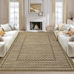 Modern Washable 8x10 Area Rug - Soft, Non-Slip, Stain Resistant, Farmhouse Tartan Plaid for Living Room, Bedroom, Nursery, Office - Beige