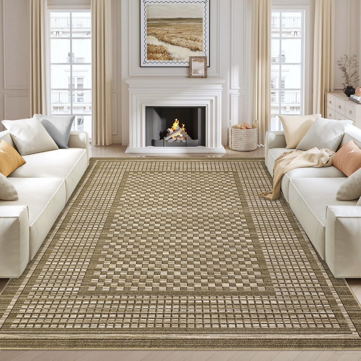 Modern Washable 8x10 Area Rug - Soft, Non-Slip, Stain Resistant, Farmhouse Tartan Plaid for Living Room, Bedroom, Nursery, Office - Beige