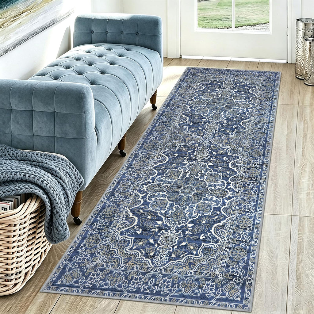 KUTA Vintage Extra Long Runners for Hallways 2.6x18ft Washable Blue White