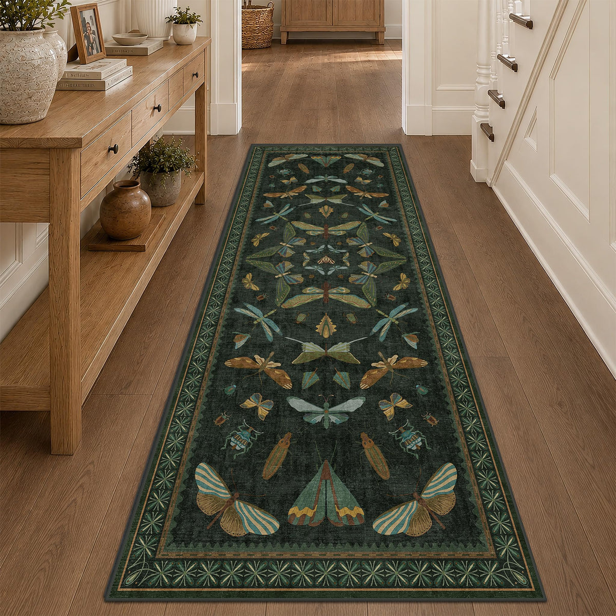 Hazo Haus Dark Green Insect Area Rugs 8x10 for Living Room, Dining Room Under Table, Bedroom, Unique Washable Floral Non Slip Low Pile Soft Rug