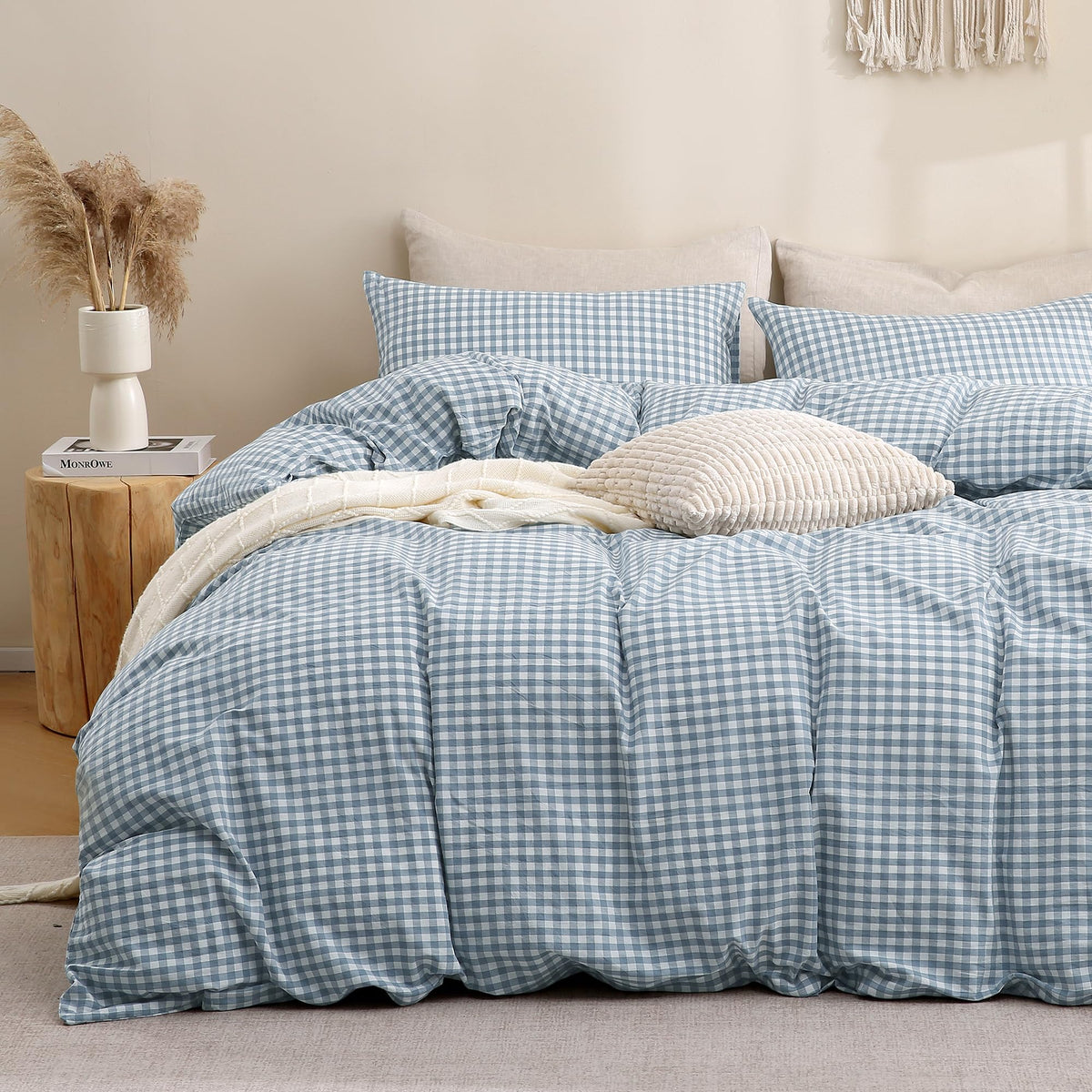 TOCOMOA Tan Gingham Duvet Cover Set Washed Cotton Like Linen, Cal King