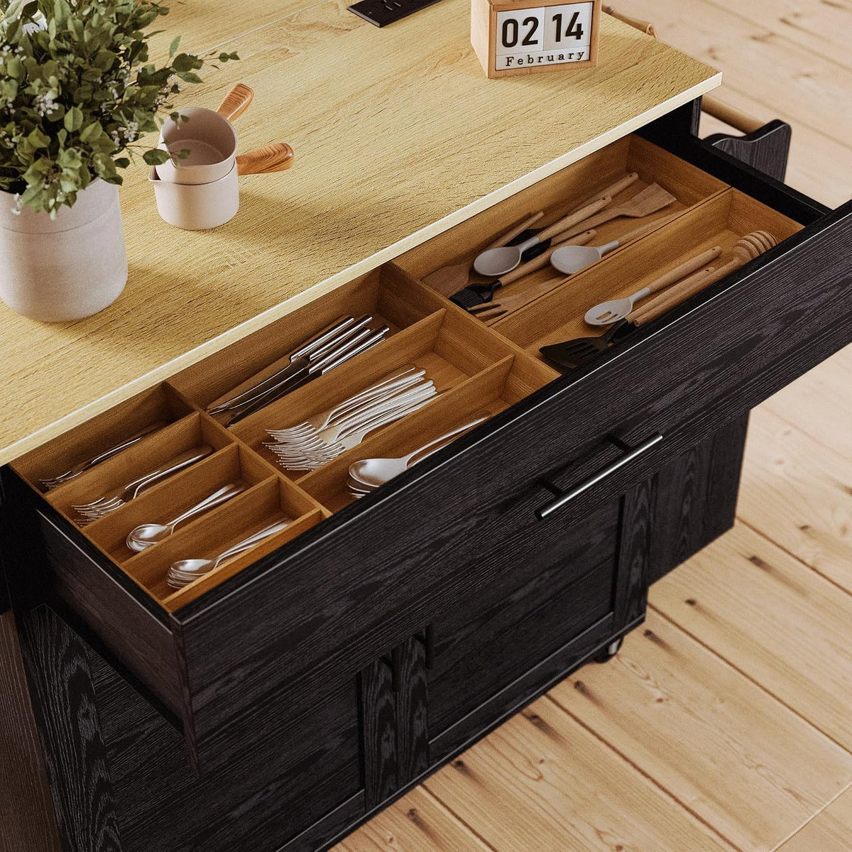 IRONCK Kitchen Island with Storage, Charging Station and Drop Leaf, Black
