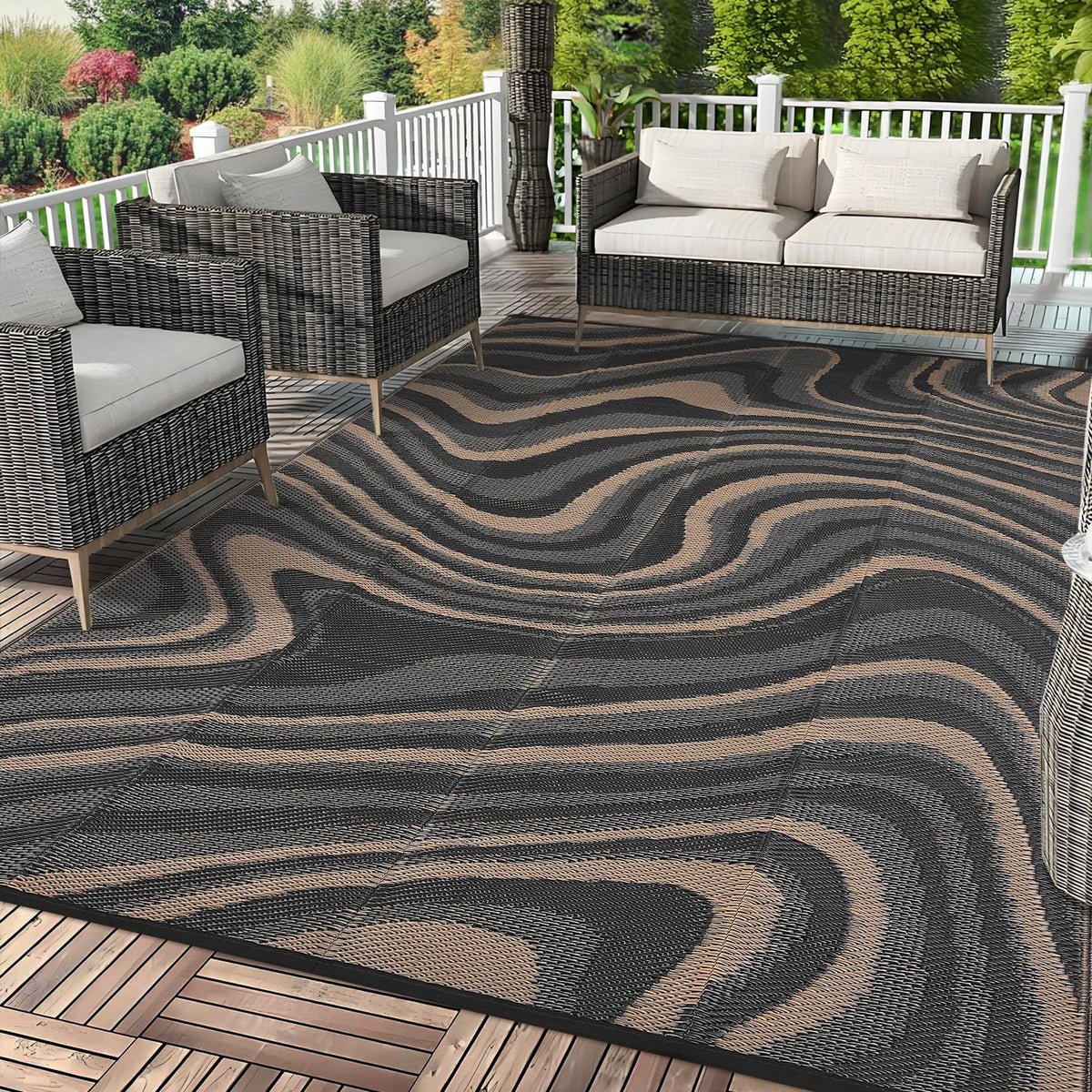 Garvee 5x8 Outdoor Rug Waterproof Modern Plastic Straw Rugs, Black Grey