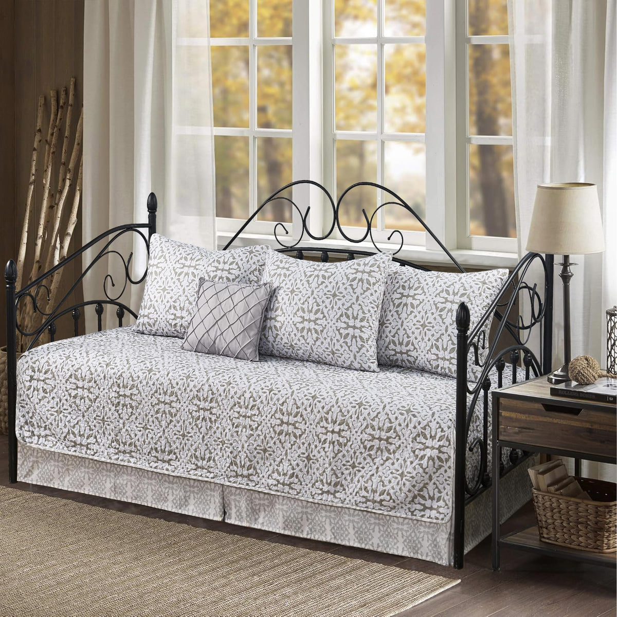 5-Piece Quilted Microfiber Daybed Cover Set with Floral Embroidery, All Season Luxurious Bedding with Matching Shams and Bed Skirt, 75"x39", Pink Flower