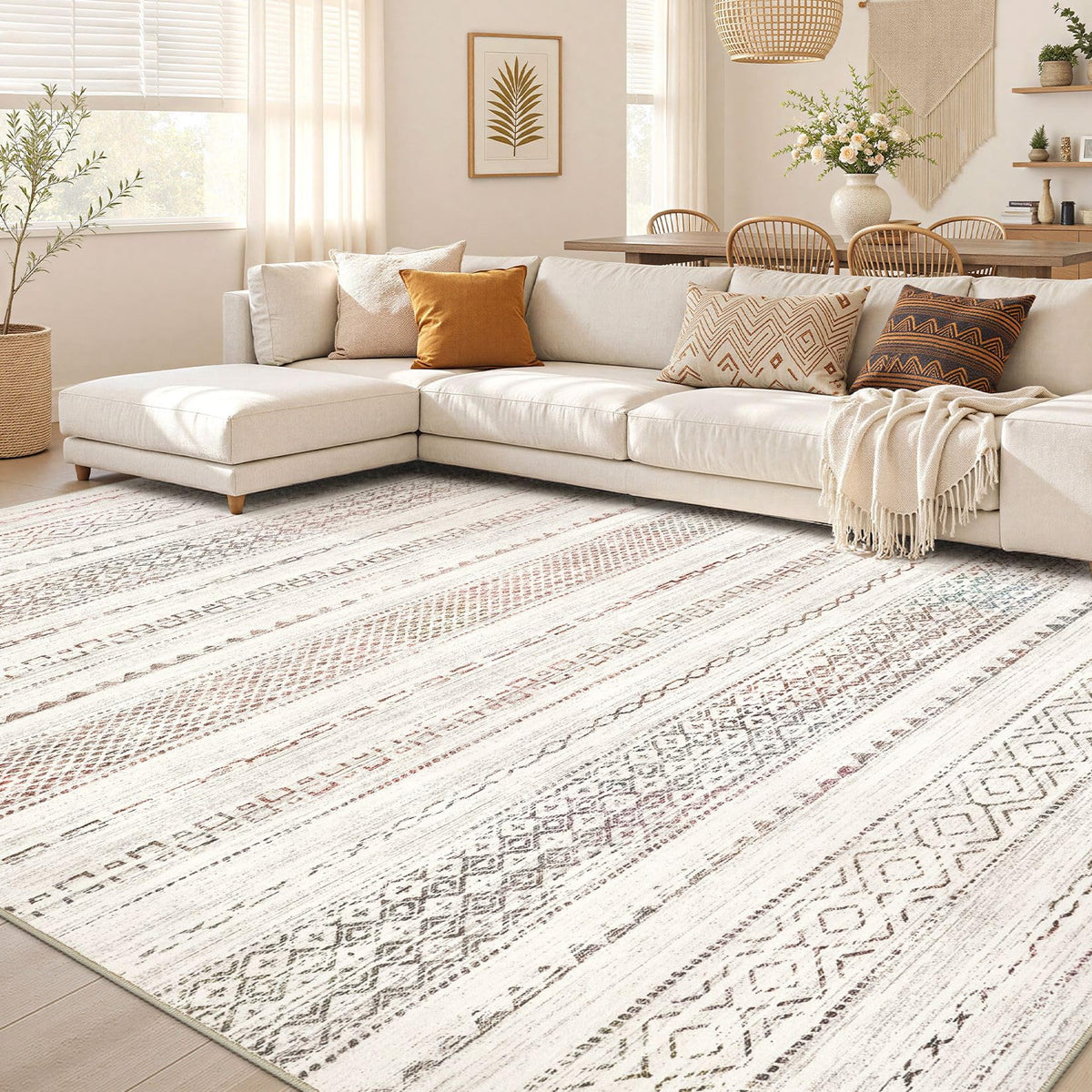 Nakagishi Boho 8x10 Area Rug Living Room Rugs Machine Washable Beige