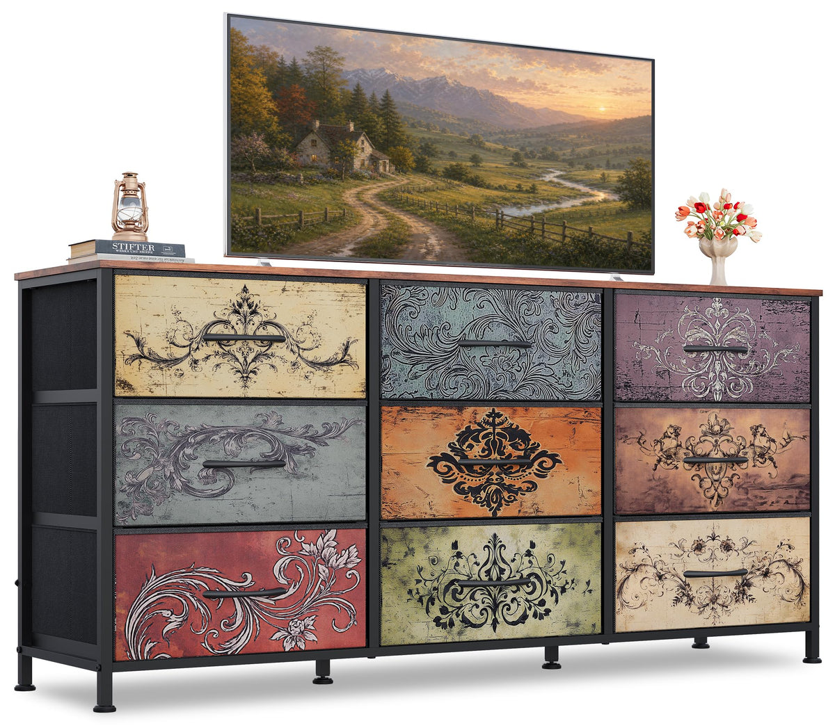 WLIVE Dresser TV Stand for 55 Inch TV, 9 Drawer Dresser for Bedroom, Black