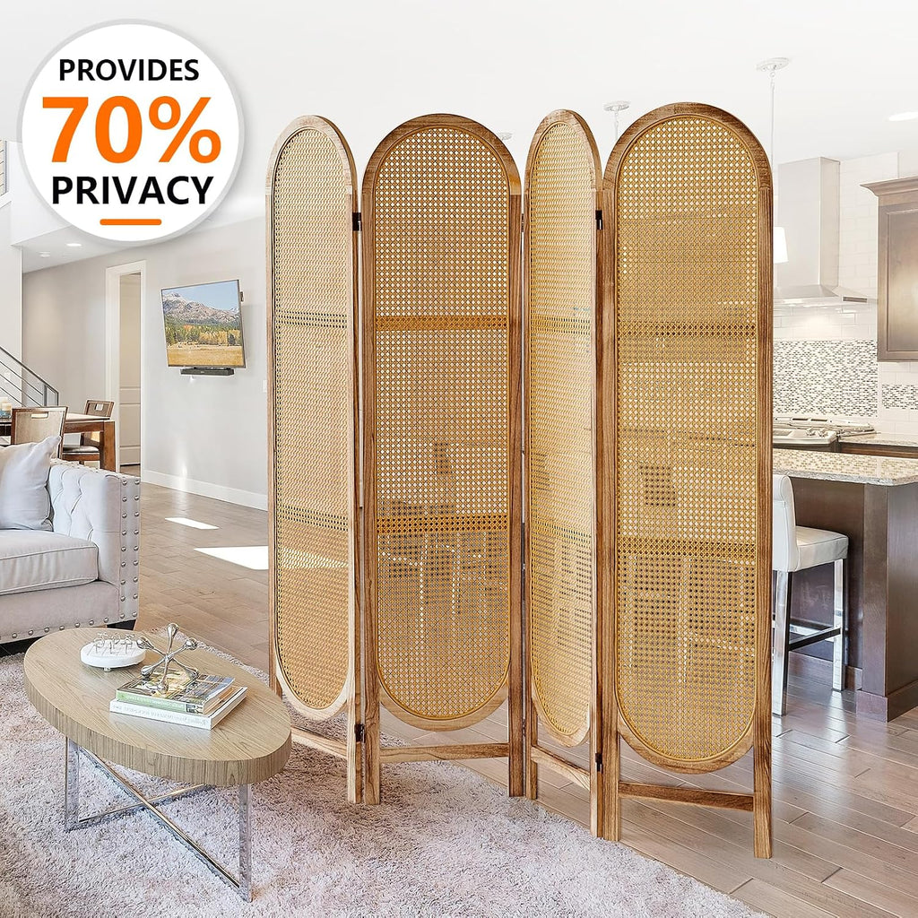 4 Panel Rattan Room Divider, Folding Room Divider Screen, Natural