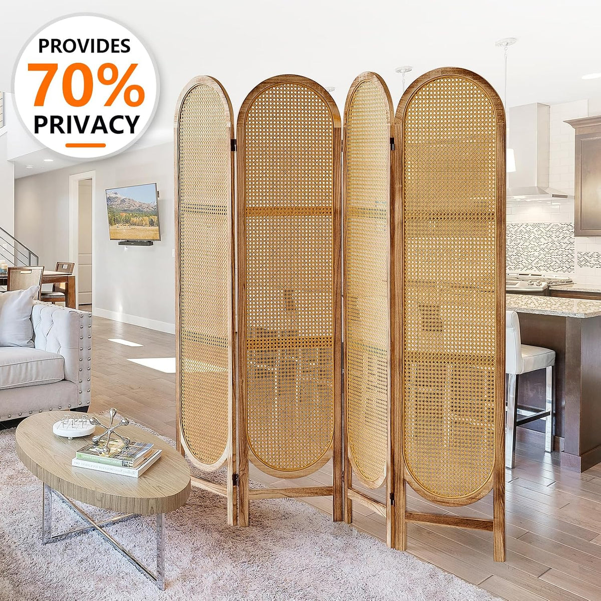 4 Panel Rattan Room Divider, Folding Room Divider Screen, Natural