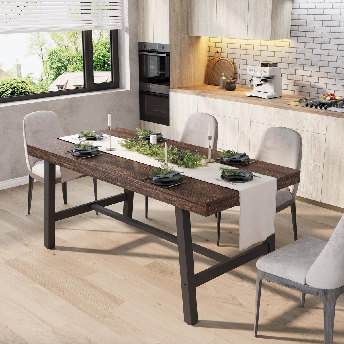 GarveeHome Industrial Dining Table for 6-8 People, 70.87" Long Large Kitchen Table with Sturdy Metal Frame, Rectangular Counter for Dinner, Kitchen, Dining Room (Grey, 71" Non-extendable)
