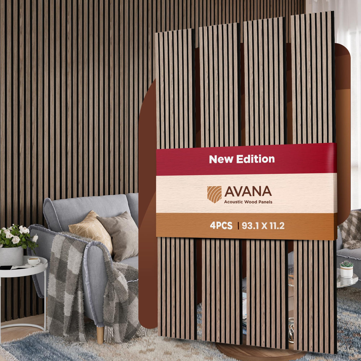 Avana Acoustic Wood Wall Panels – 93.2x11.25 Inch Panels – Fits 94x12 Layout – Rustic Walnut Acoustic Panels 4 PCs –Wall Panels For Interior Wall Decor For Homes, Offices – Durable Wood Panel For Wall