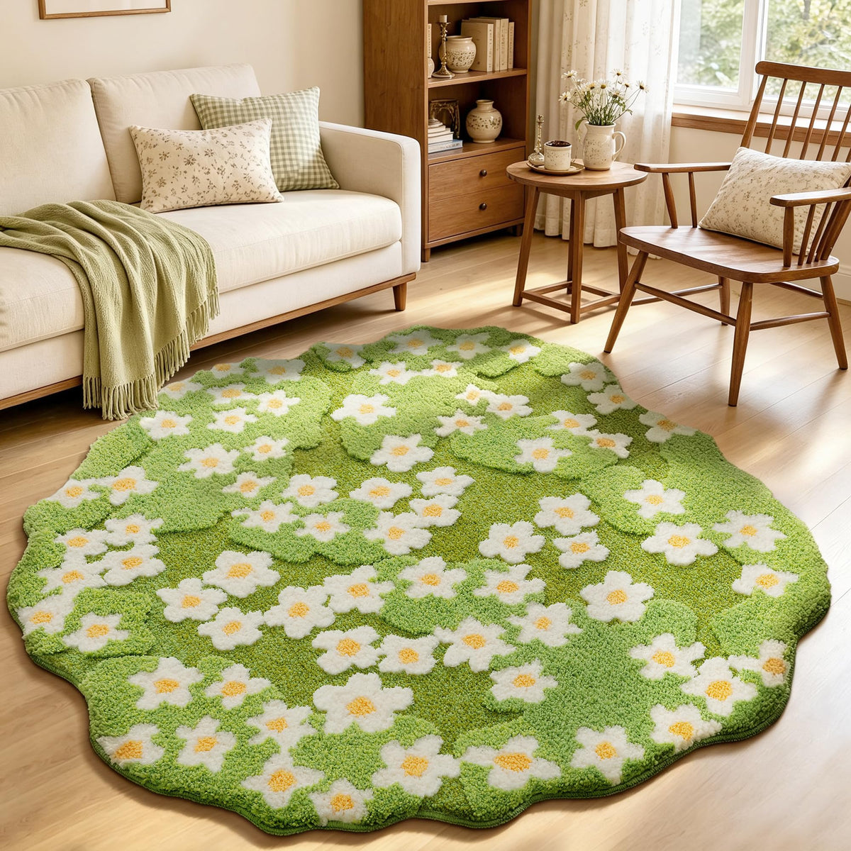 YIHOUSE 4ft Moss Round Area Rug 3D Cute Green Grass Rugs for Bedroom Machine Washable Non-Slip Boho Circle Rug Soft Fluffy Carpet for Living Room Bathroom Nursery Room, Pond