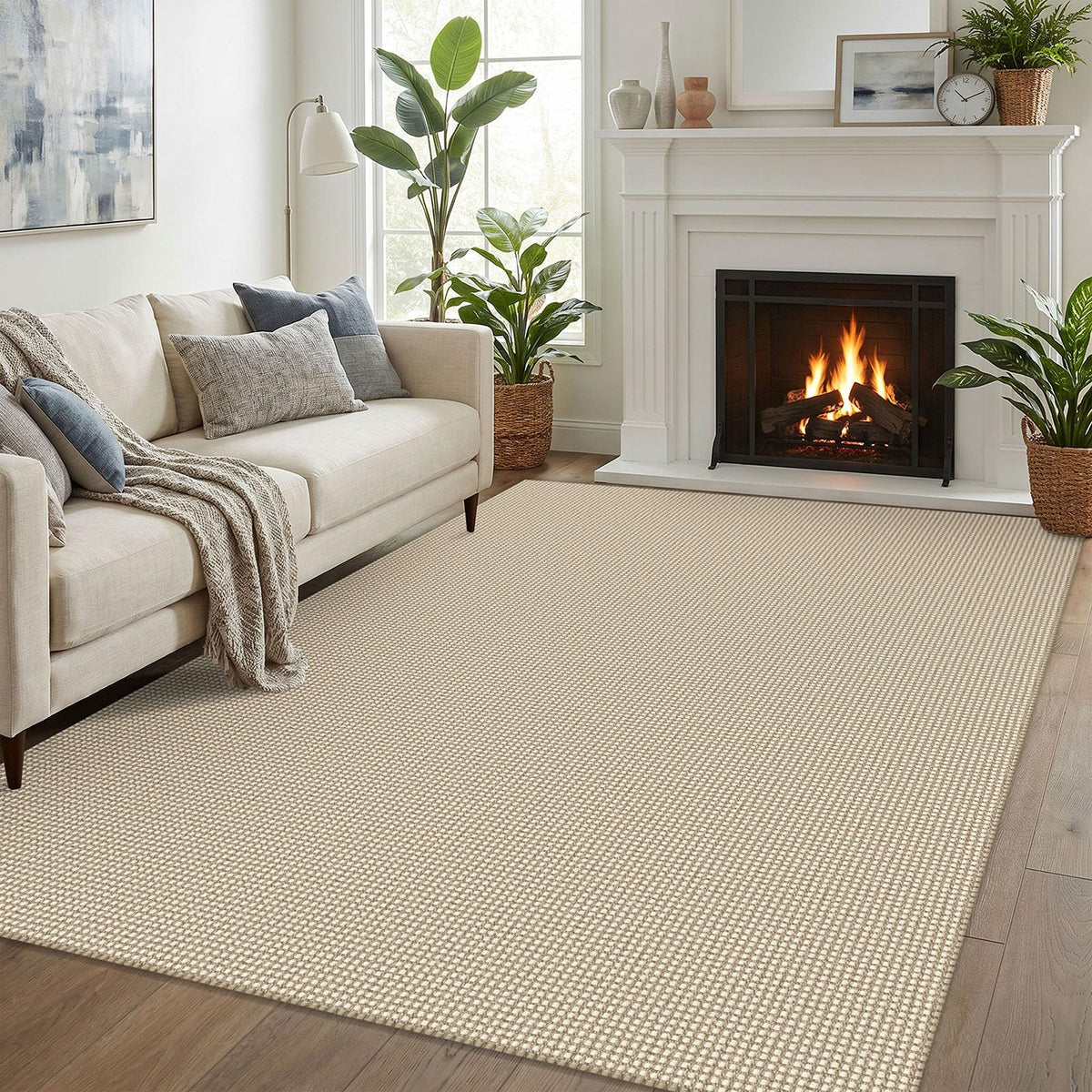 EARTHALL Woven Area Rugs 6x9 Ft Washable Living Room Rugs Non Slip Rubber Backed Dining Room Rug Braided Bedroom Rugs Indoor Floor Carpet for Living Room, Bedroom, Dining Room, Beige/Ivory