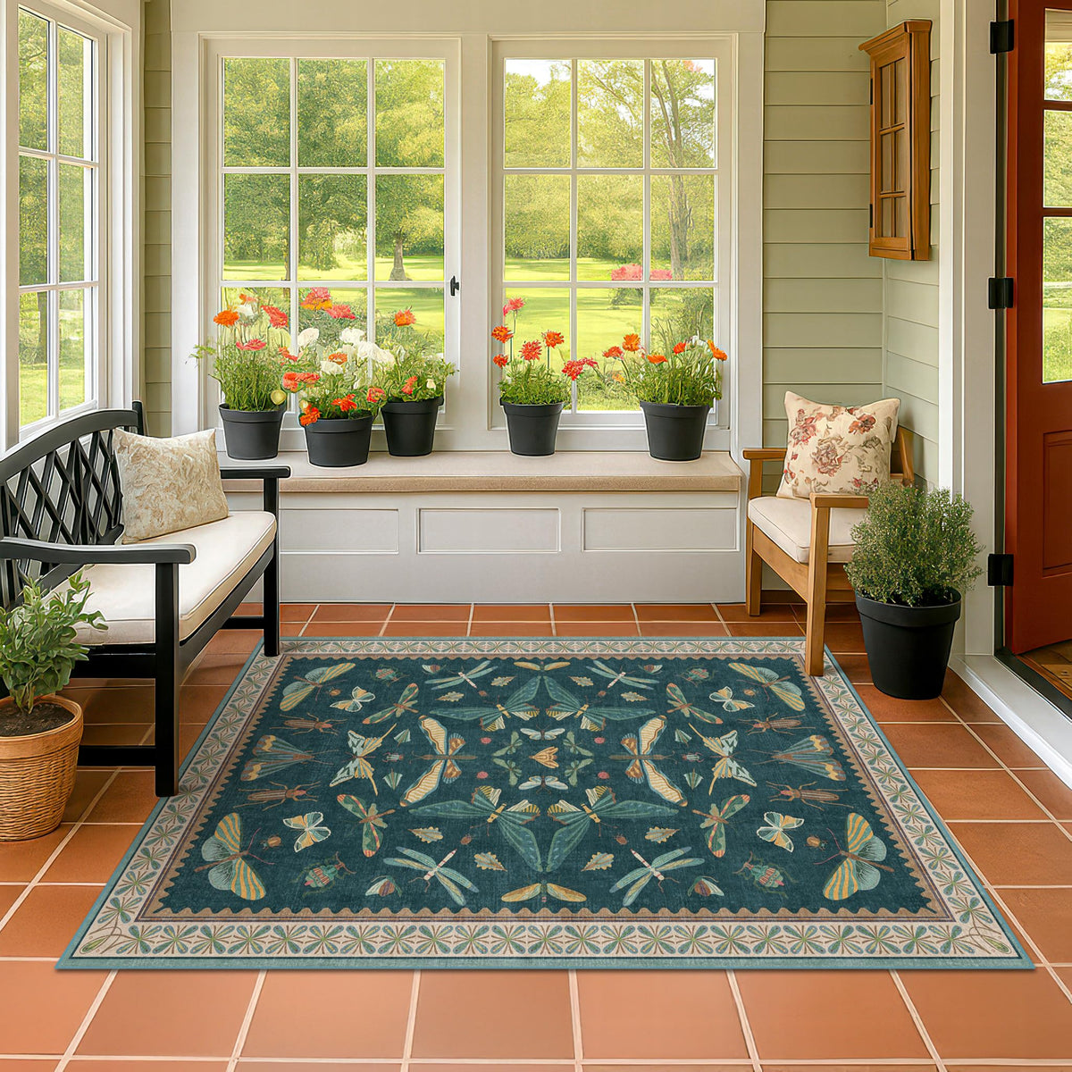 Hazo Haus Dark Green Insect Area Rugs 8x10 for Living Room, Dining Room Under Table, Bedroom, Unique Washable Floral Non Slip Low Pile Soft Rug
