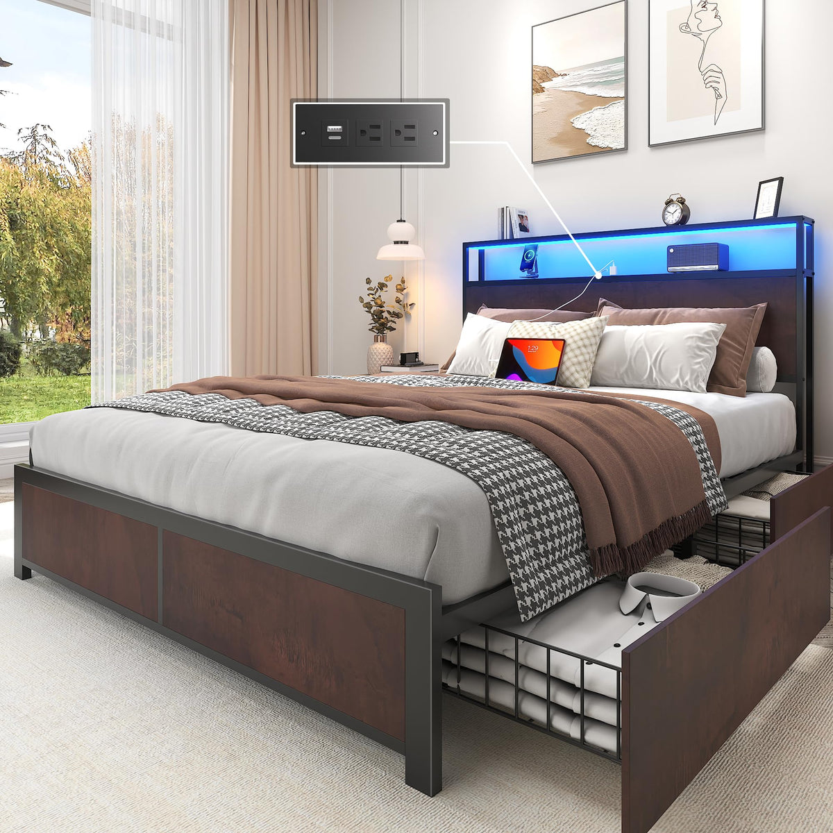 Lifezone Queen Bed Frame with 2-Tier Storage Headboard, Metal Platform Bed Frame with 4 Storage Drawers, Built in Charging Station & LED, Noise-Free/Metal Support/No Box Spring Needed, Rustic Grey