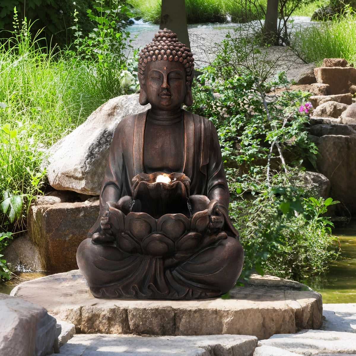 Glitzhome Buddha Statue 28" H, Outdoor Large Statue Zen Style Buddha Fountian with LED Light & Pump Polyresin Outdoor Floor Freestanding Fountain Garden Buddha Sculptures & Statues Lawn Décor