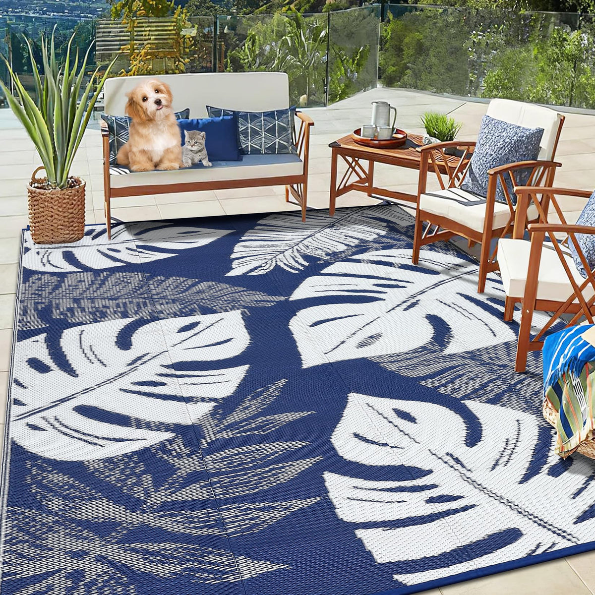 Outdoor Rugs 9x18 Reversible Mats Outdoor Plastic Straw Rug Waterproof Patio Rug Vintage Reversible Mats for Rv Deck Balcony Picnic, Beach, Trailer, Camping, Vintage|Light Blue