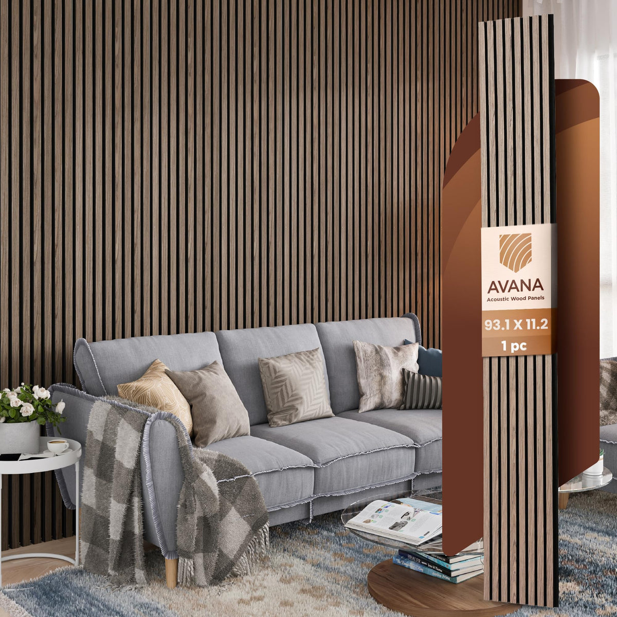 Avana Acoustic Wood Wall Panels – 93.2x11.25 Inch Panels – Fits 94x12 Layout – Rustic Walnut Acoustic Panels 4 PCs –Wall Panels For Interior Wall Decor For Homes, Offices – Durable Wood Panel For Wall