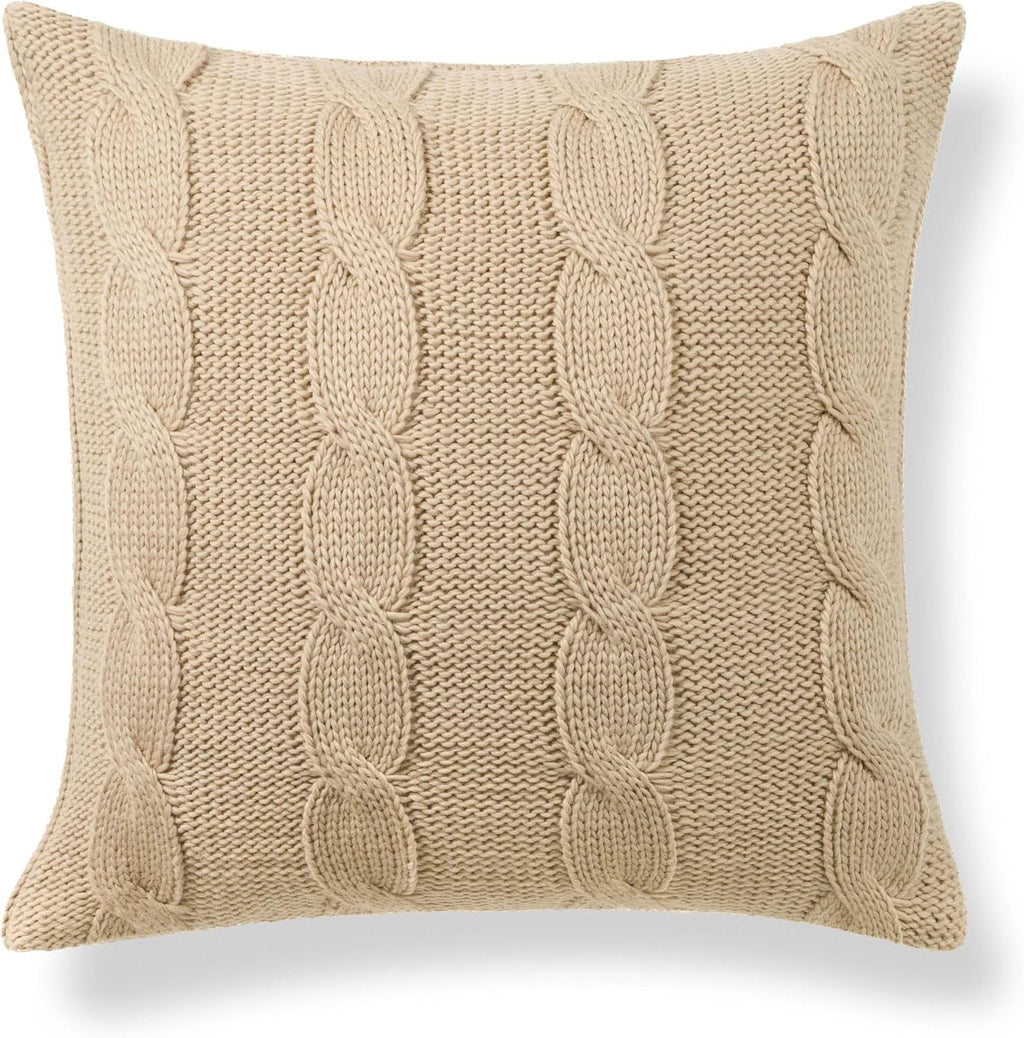 Hofdeco Premium Merino Wool Cable Knit Throw Pillow Cover, 22x22, Camel